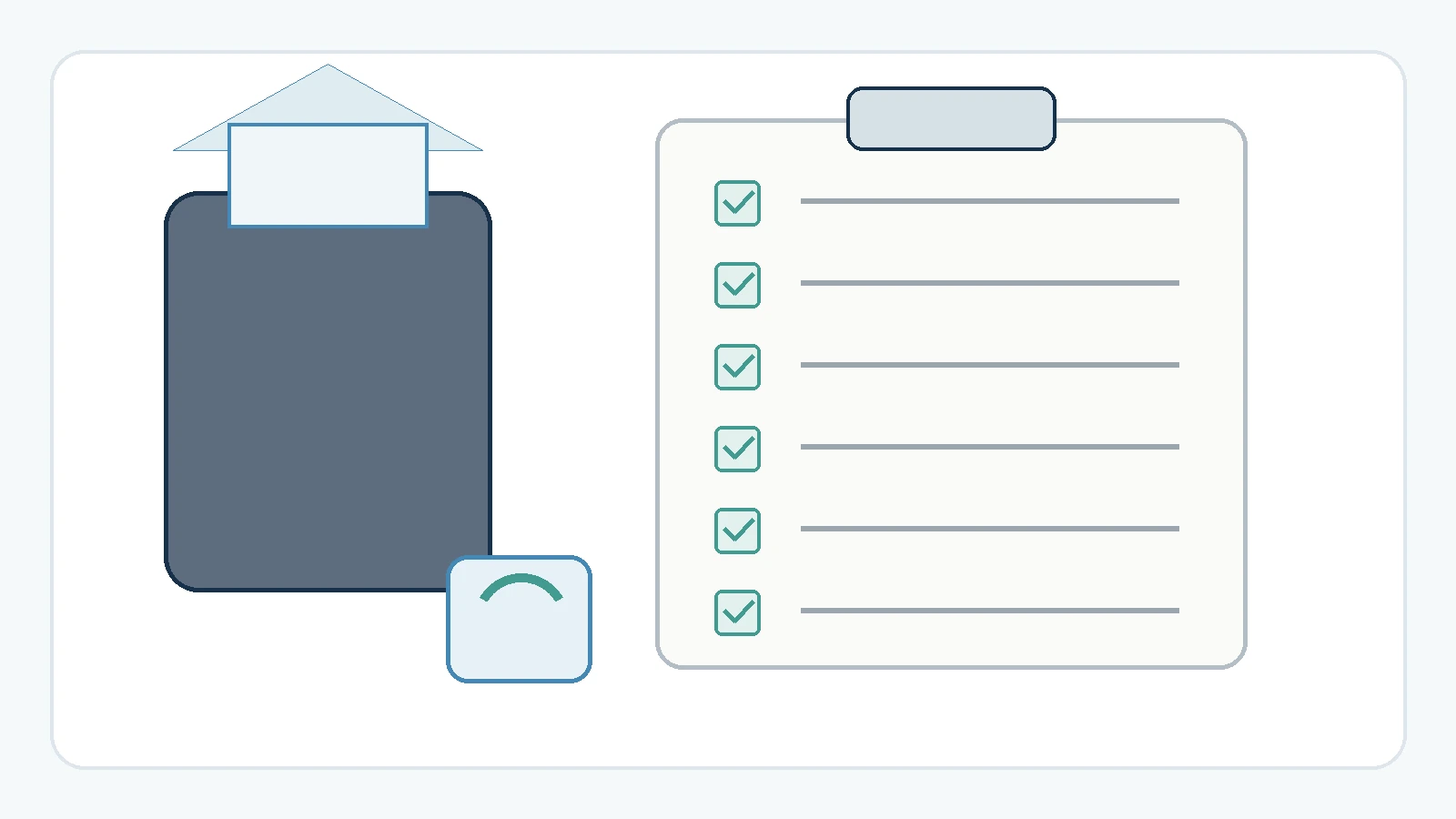 Editorial illustration of returning home after dental treatment abroad with luggage, home and a completed aftercare checklist.