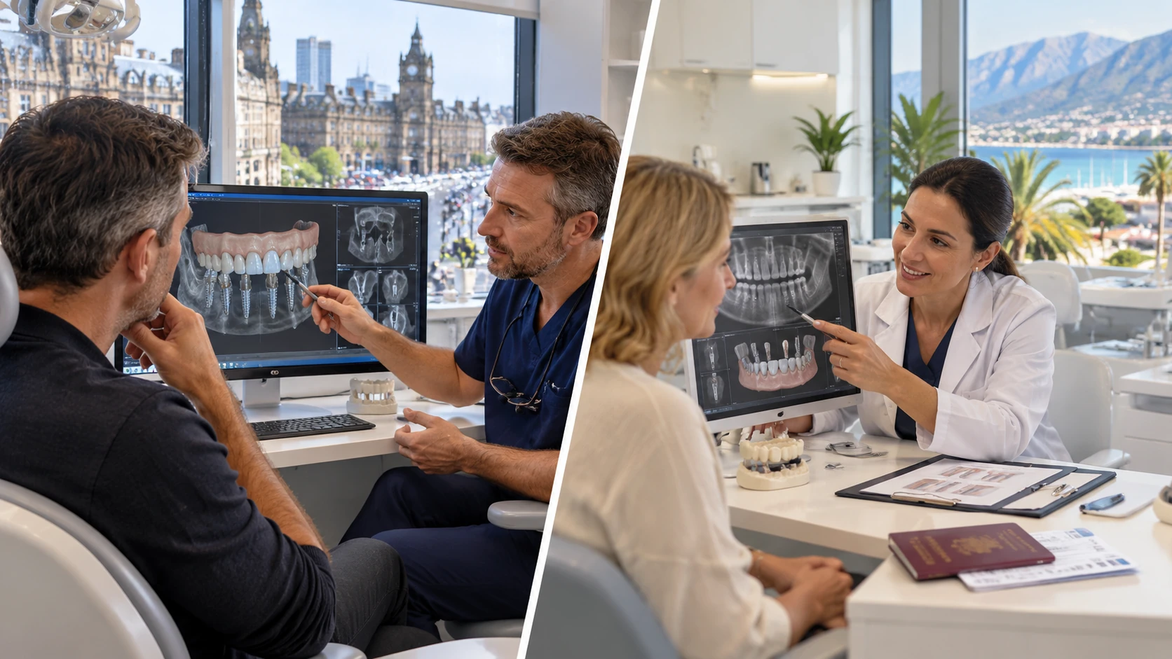 Side-by-side comparison of implant consultations in a UK clinic and an overseas clinic, with similar dental imaging and treatment planning.