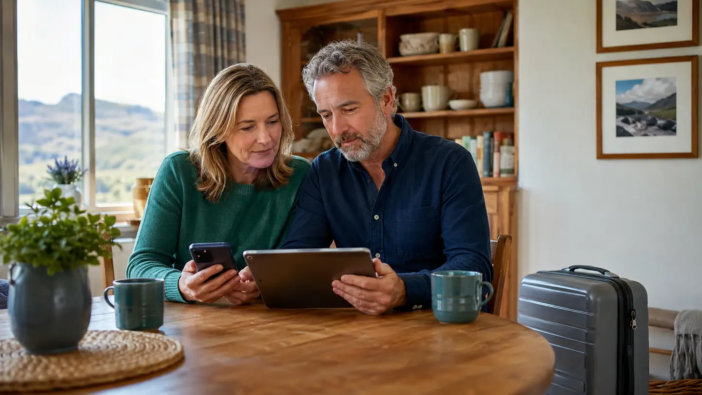 A couple at a kitchen table looking at a tablet and a phone, with a packed suitcase beside them.