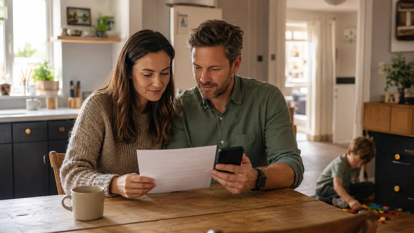 Parents reviewing written information at a family kitchen table while a child plays nearby