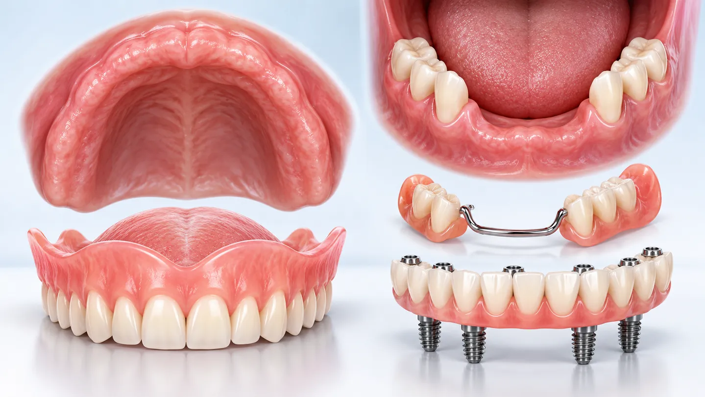 Clinical comparison showing an edentulous mouth alongside removable and implant-supported prosthetic tooth options.