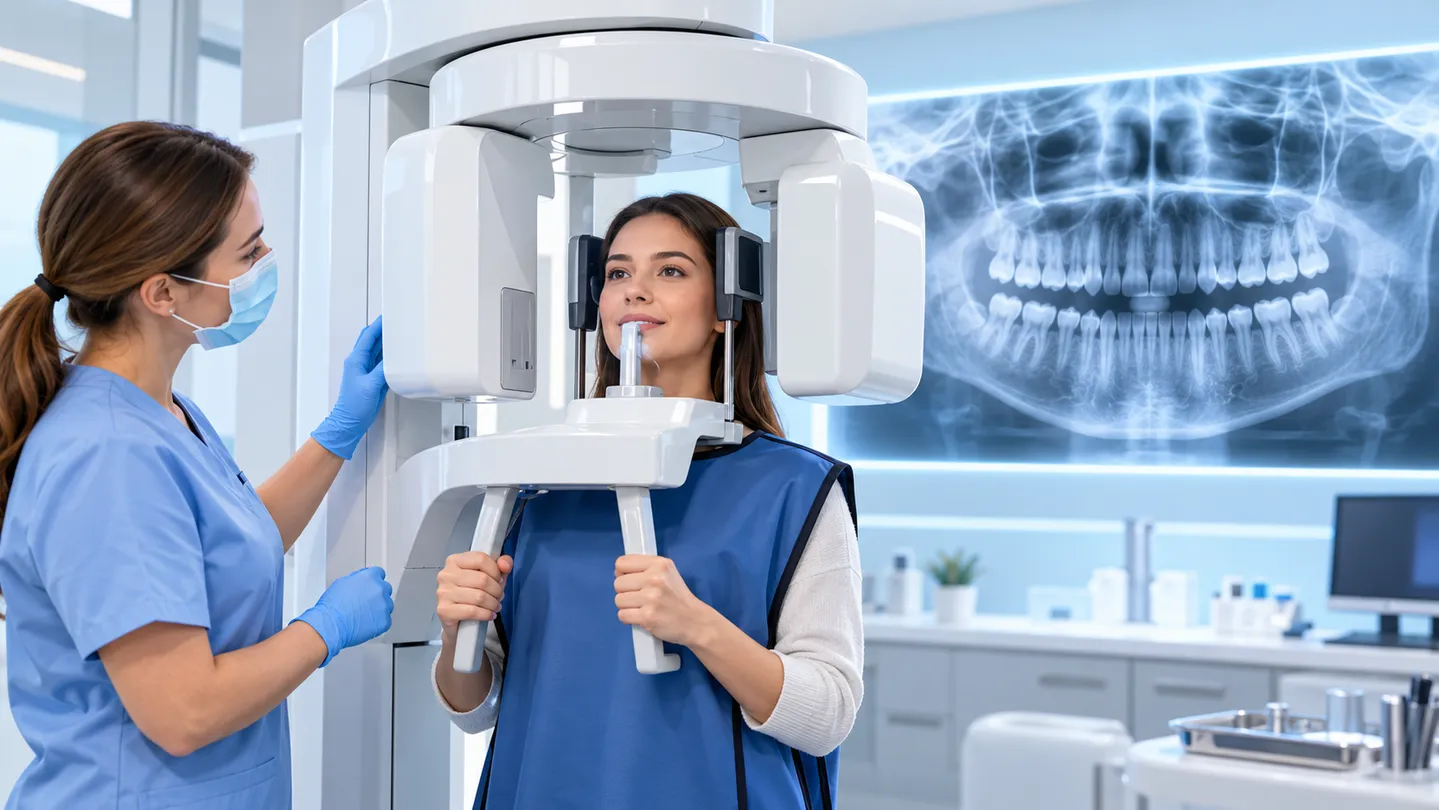 Patient undergoing panoramic dental imaging in a modern clinic, with a panoramic jaw X-ray visible.