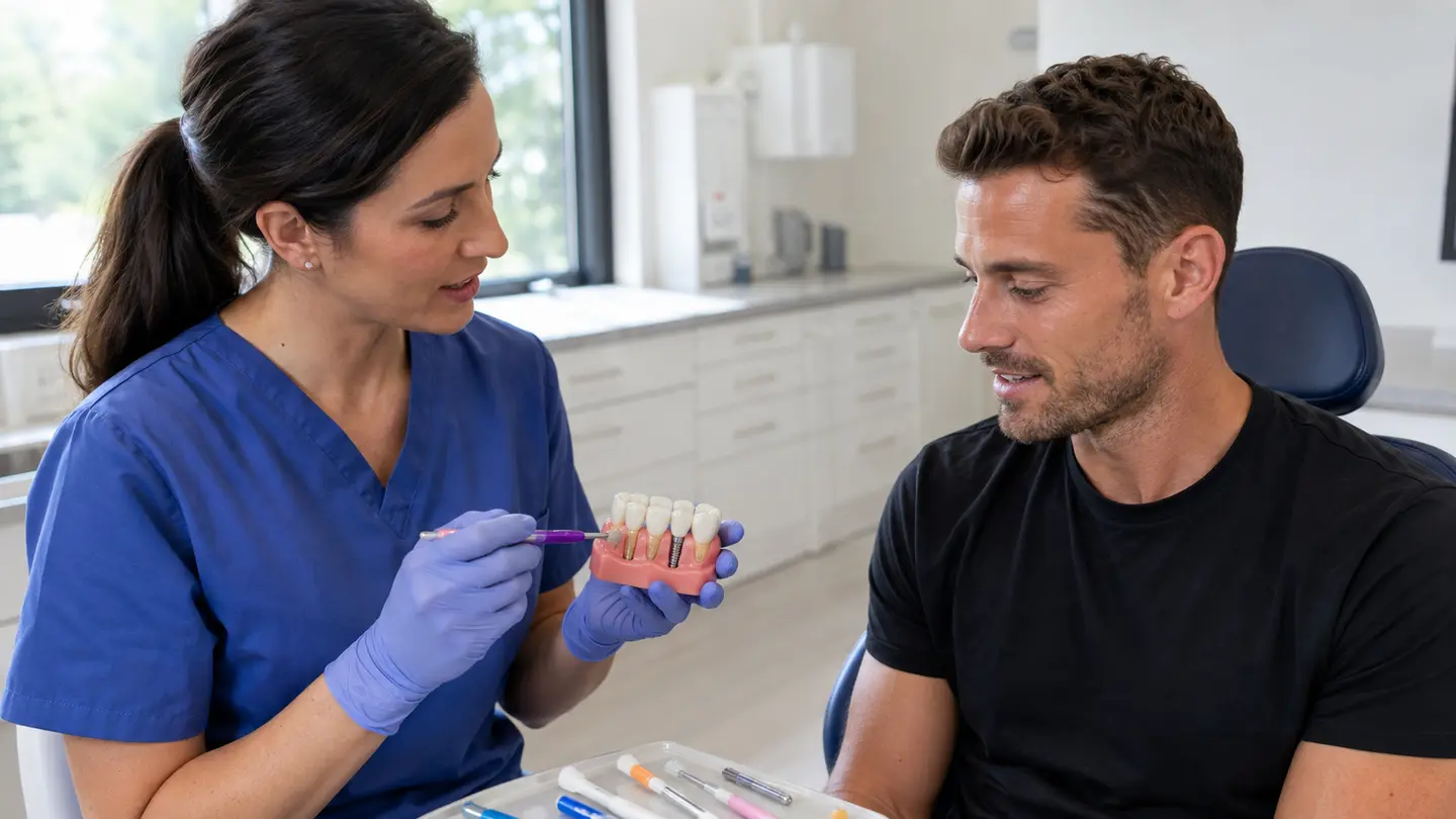 A hygienist demonstrating cleaning tools on a dental model to a man
