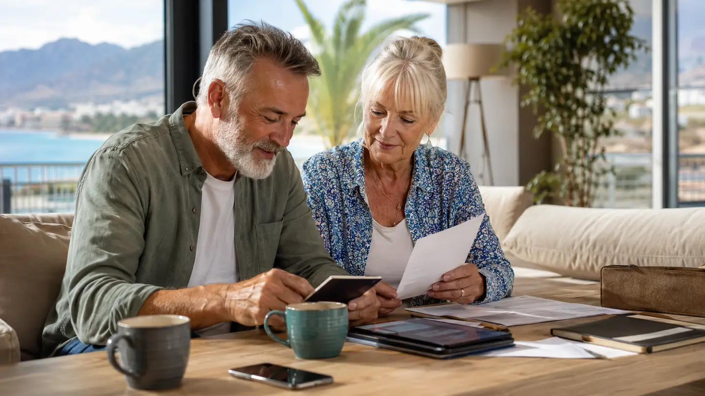 An older couple organising travel and emergency information in an Antalya hotel