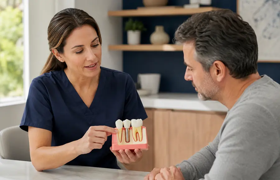 A dentist showing a single dental implant model to a patient.