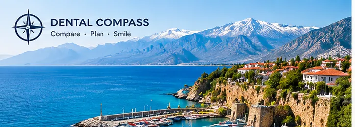 Illustrated Dental Compass header showing the Antalya coastline and mountains