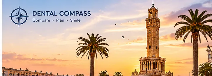 Illustrated Dental Compass header showing the Izmir clock tower and palm trees at sunset